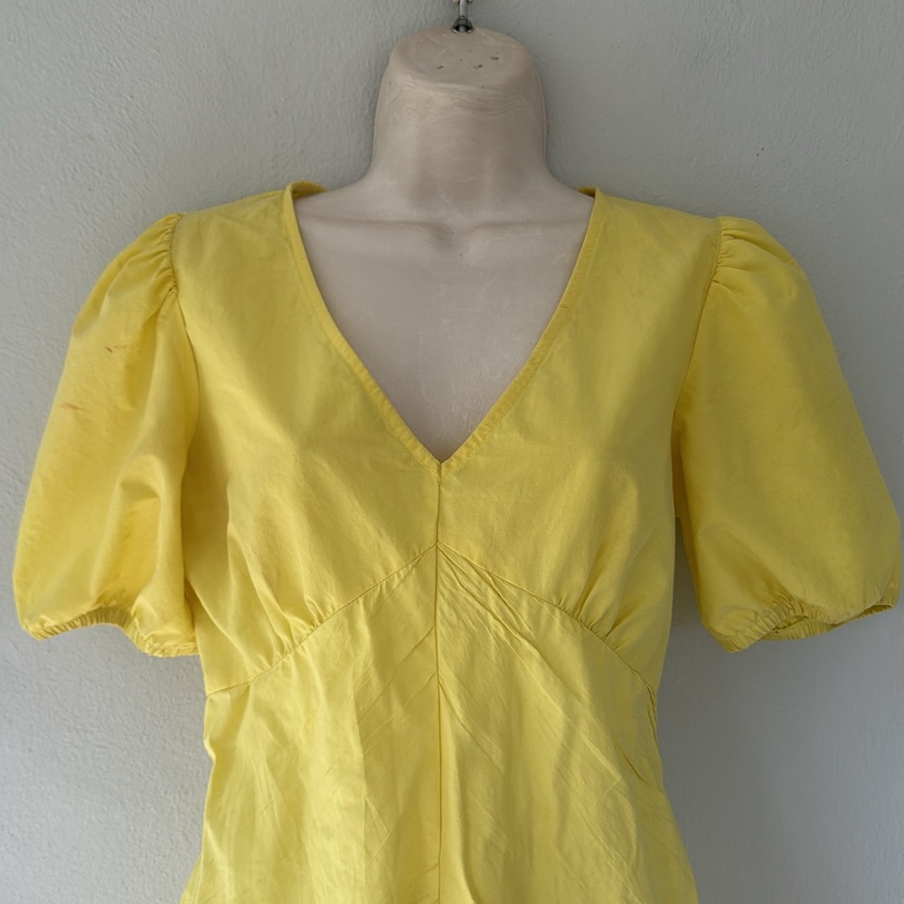 ZARA bright yellow puff sleeve ruffle cotton v-neck mini dress size small - Picture 5 of 14